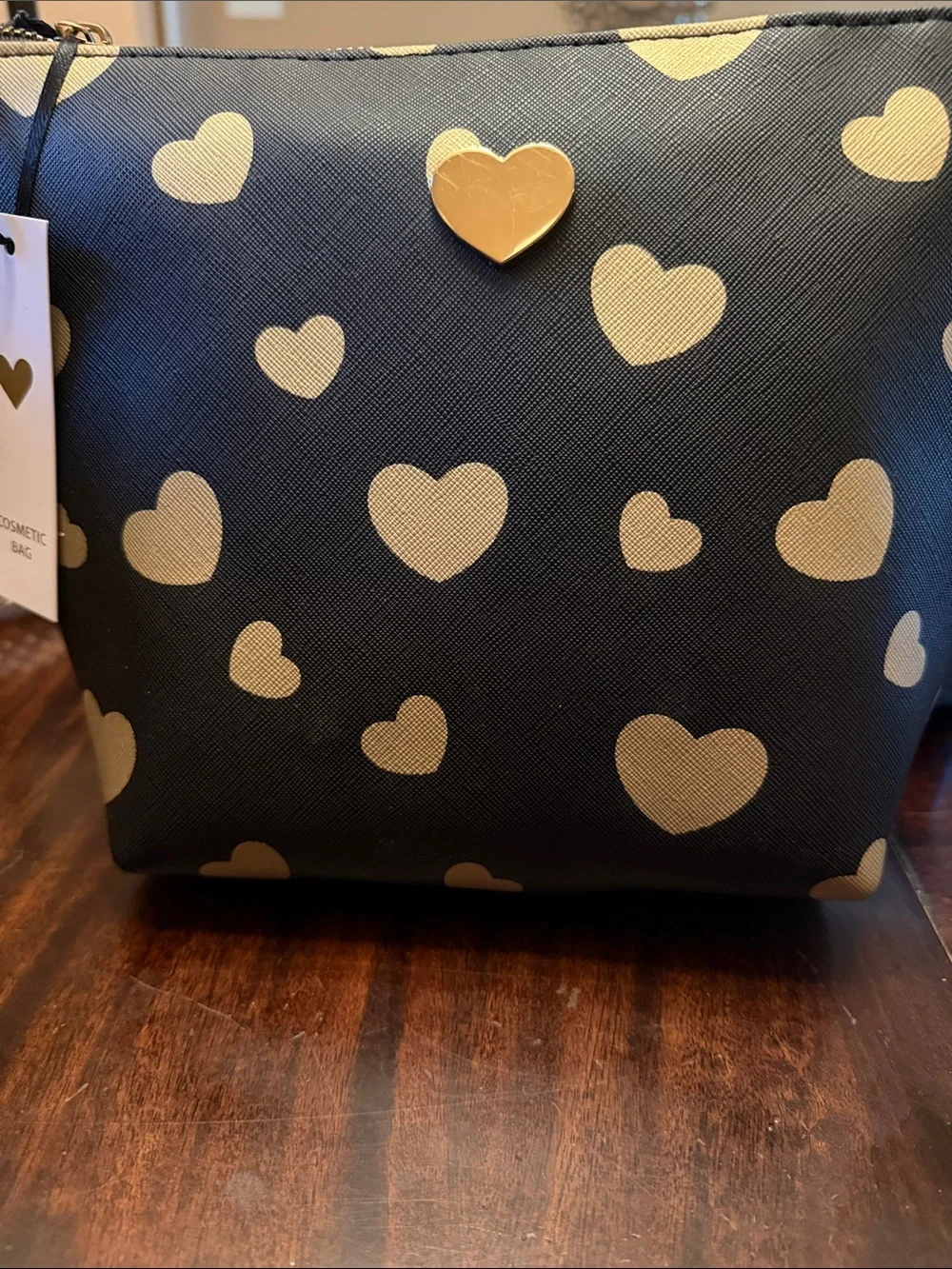 Black Cosmetic Bag with Gold Heart Pattern